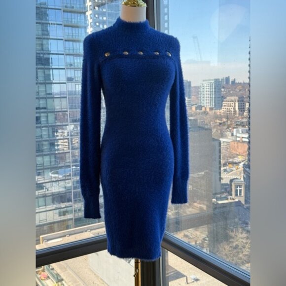 🆕 VERSACE JEANS COUTURE 🧿 NWOT Royal Blue Faux Fur Knit Dress, Buttons - Sz S - Picture 11 of 16